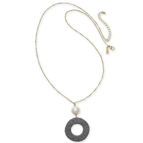 Gold-Tone Imitation Pearl & Tweed Circle Necklace - Picture 1 of 4